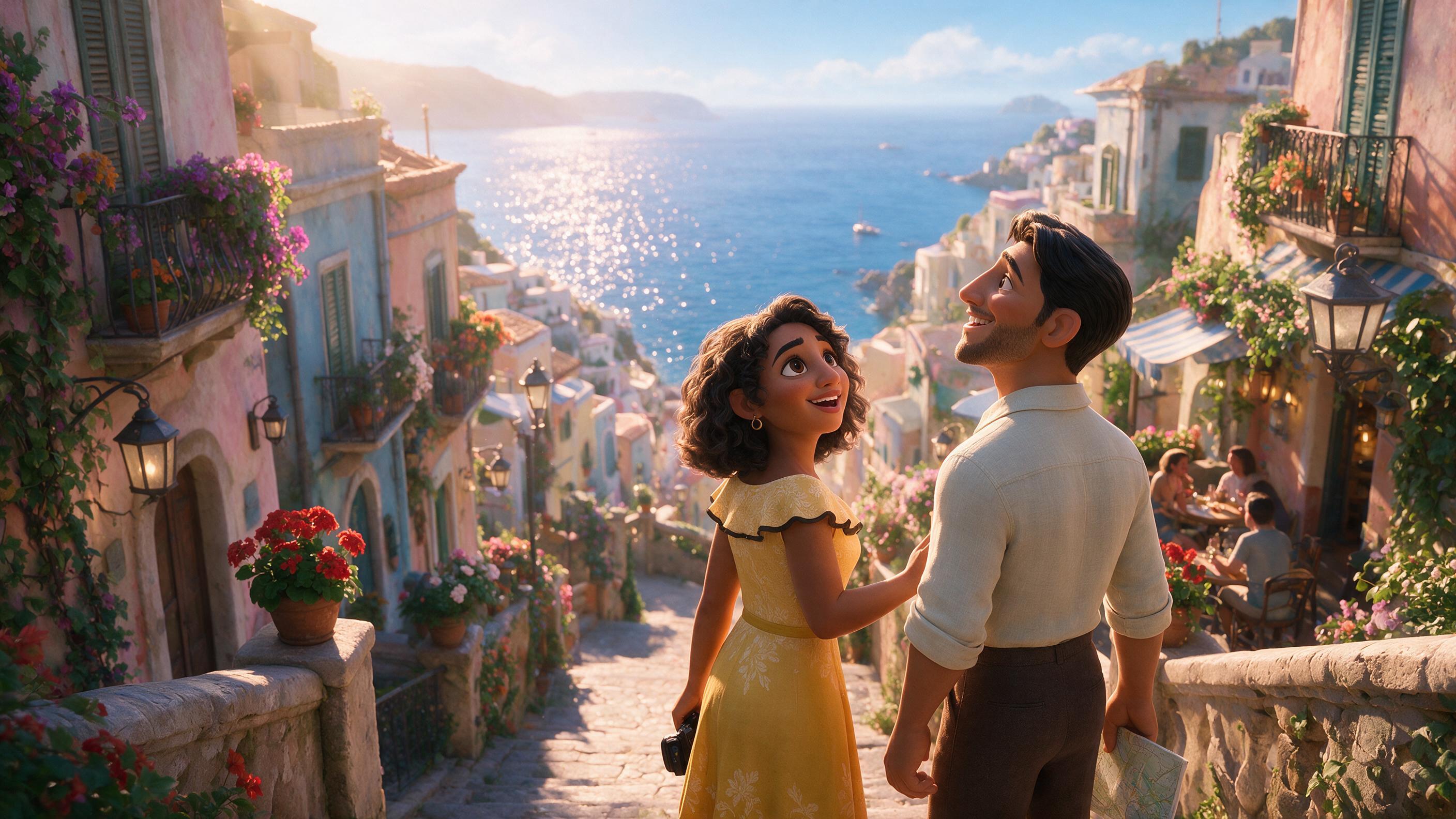 An animated couple exploring a sunlit coastal town together