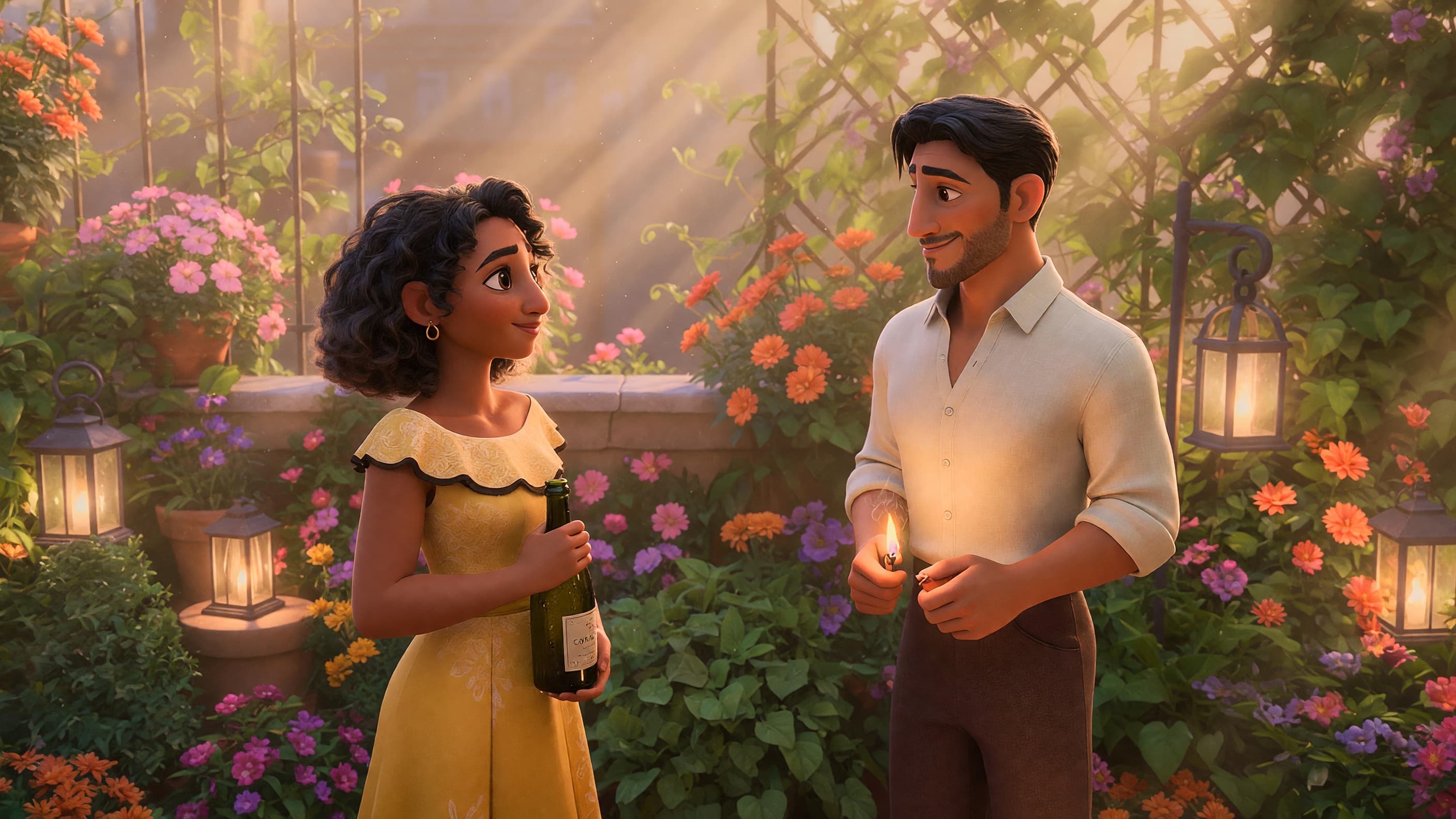 Cinematic 3D visual reference of a couple in a flower-filled garden, their faces lit by golden evening sunlight