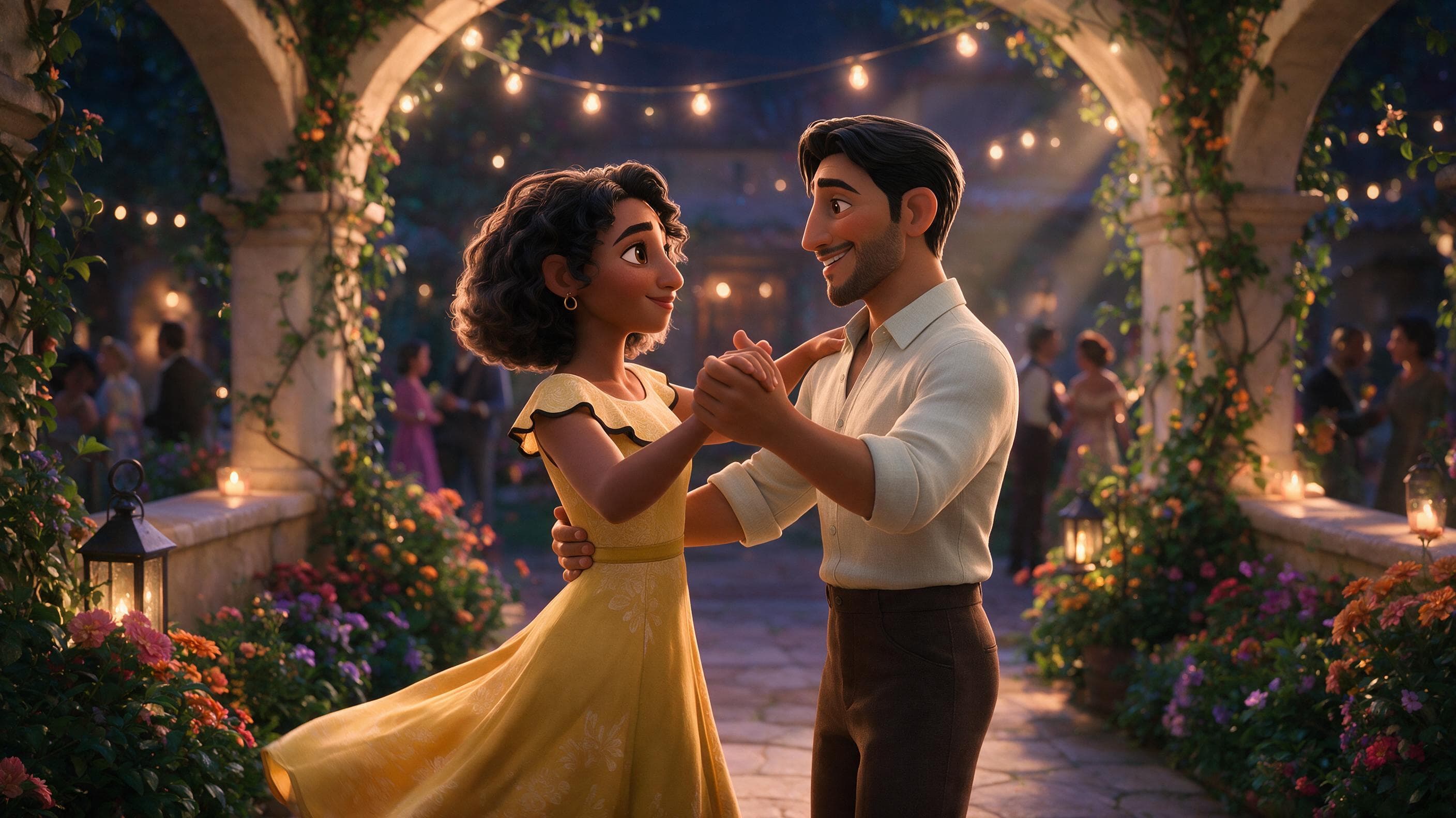 Cinematic 3D visual reference of the same couple dancing beneath garden lights, with softly textured clothing and expressive faces