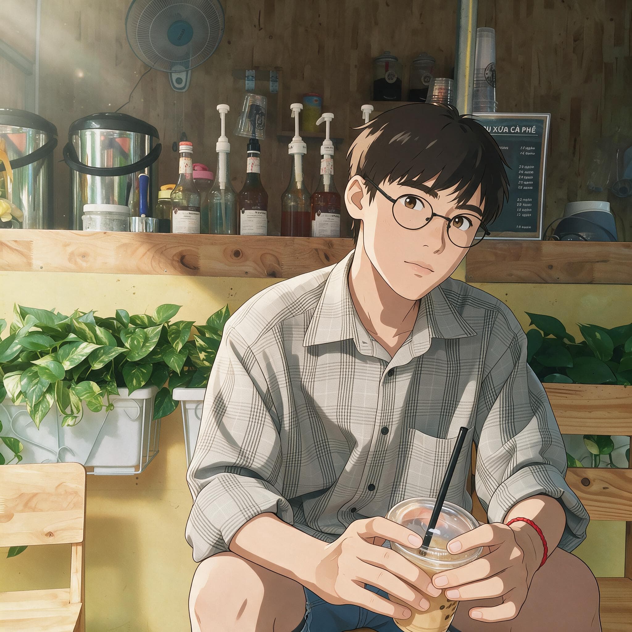 Owen reimagined in Anime art style, with the same round glasses, checked shirt, drink, and warm café setting