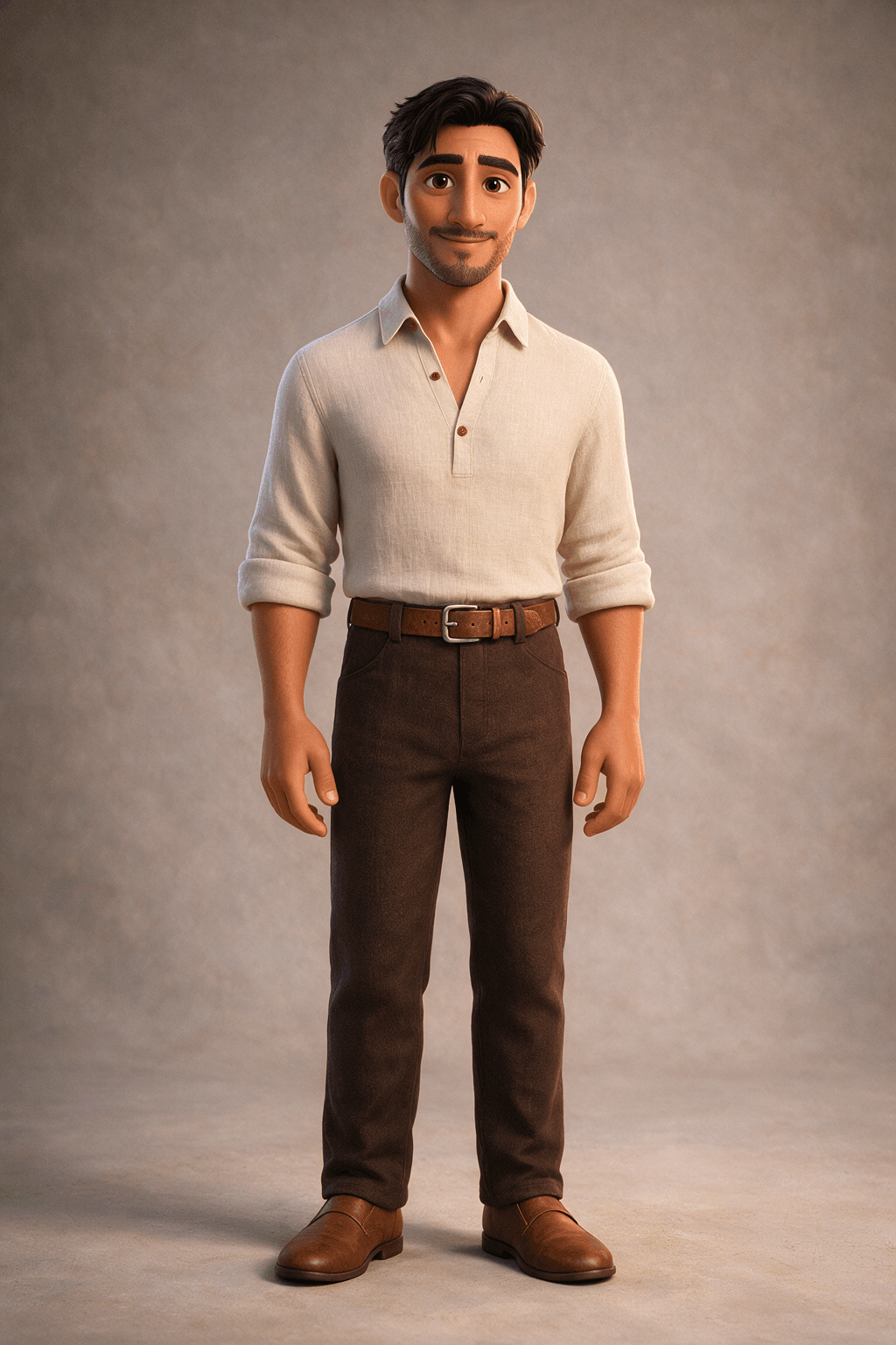 Character example Alex, with dark swept hair and a cream shirt