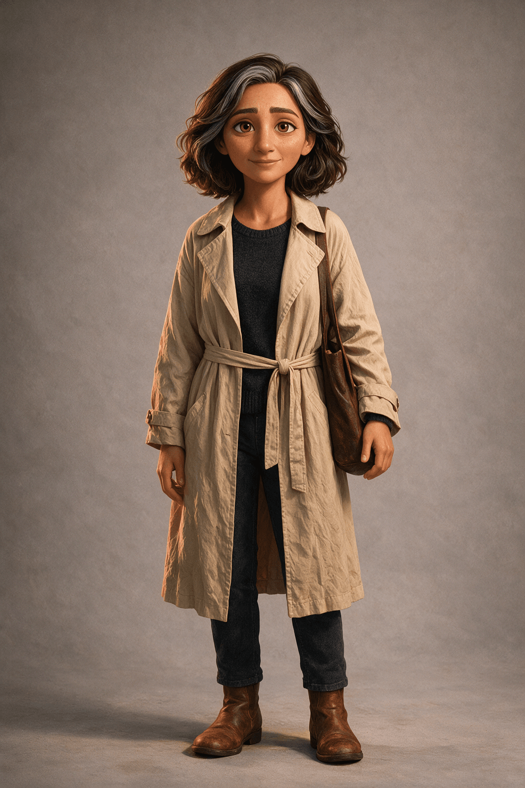 Character example Renata, with a silver streak in her hair and a tan coat