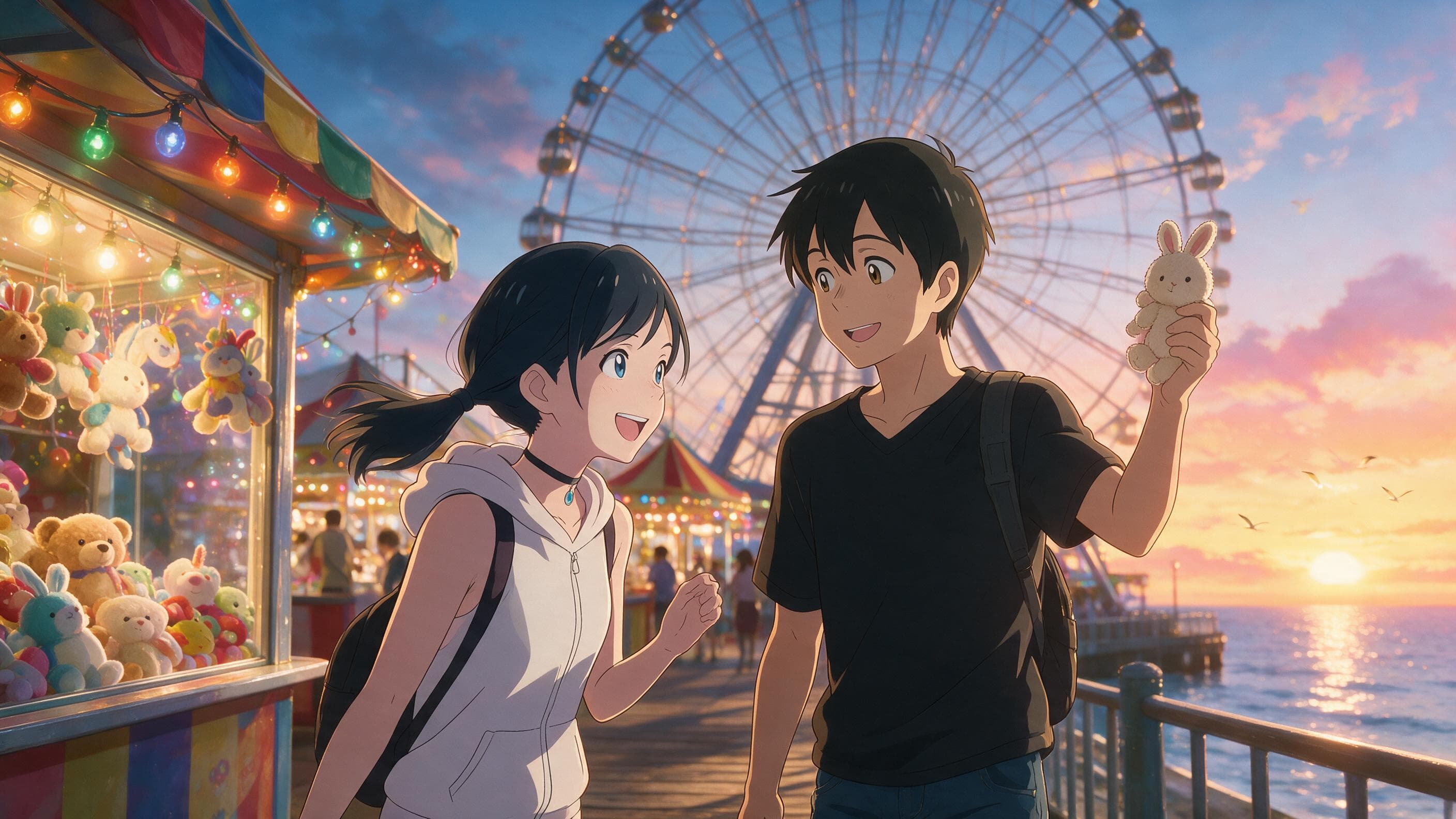 Anime-inspired visual reference of a couple with a plush prize at a seaside fair, beneath a Ferris wheel and a glowing sunset