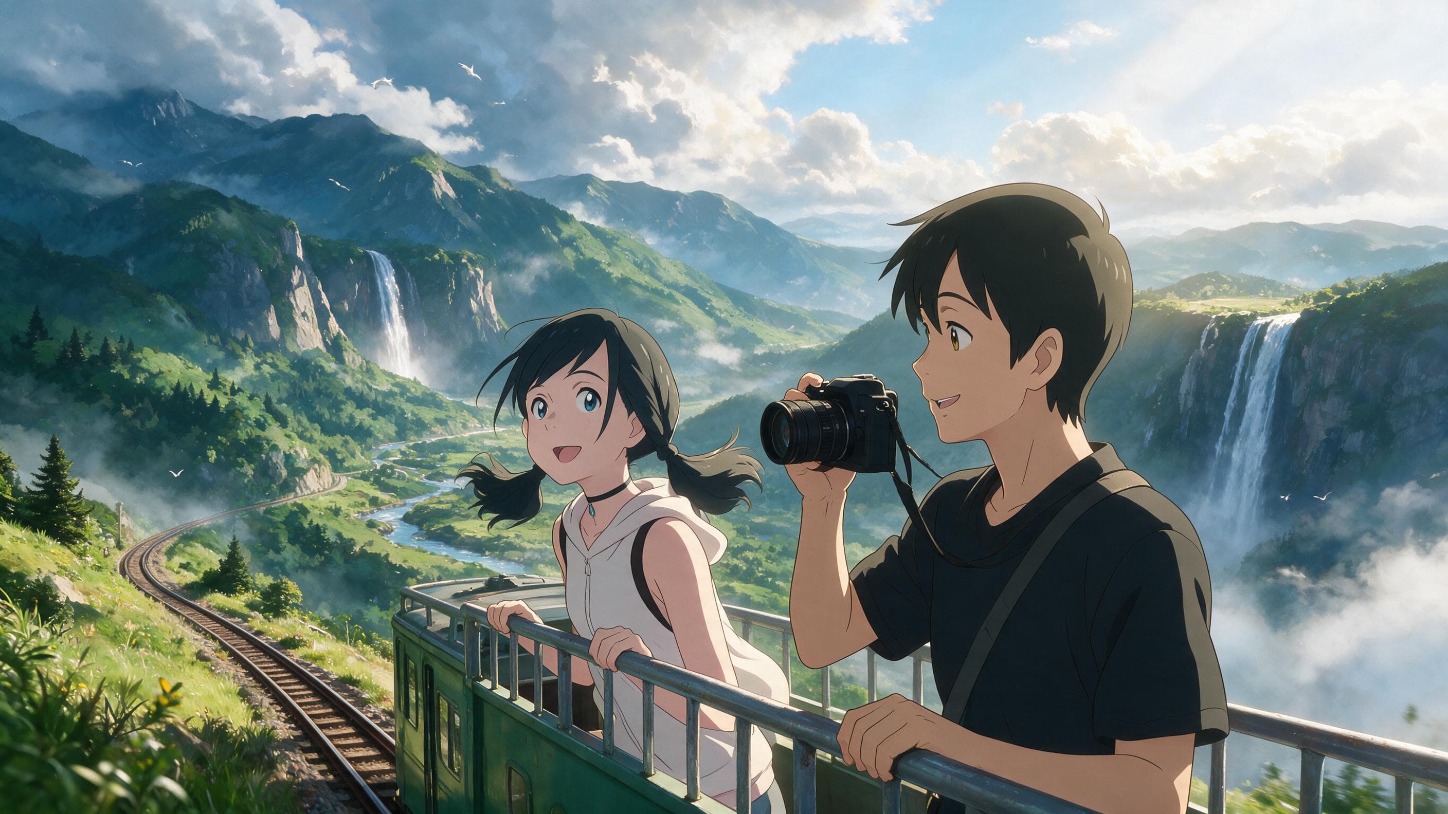 Anime-inspired visual reference of a couple on a scenic train journey through green mountains and waterfalls