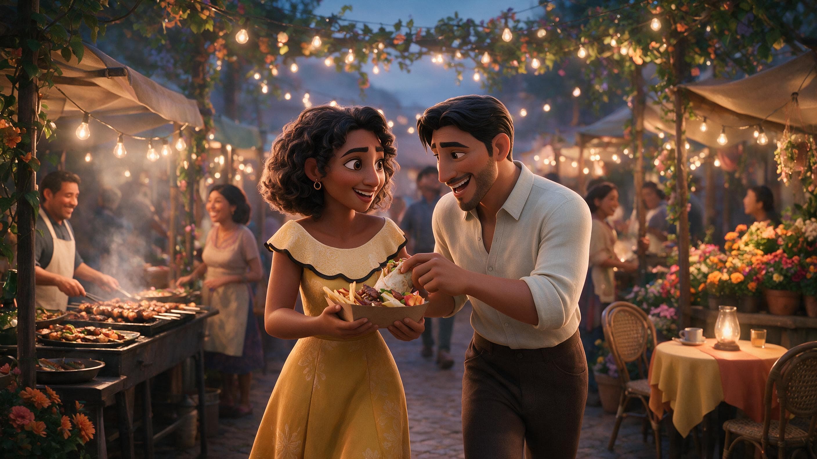 Illustrative animated scene of a couple laughing over shared street food beneath warm café lights