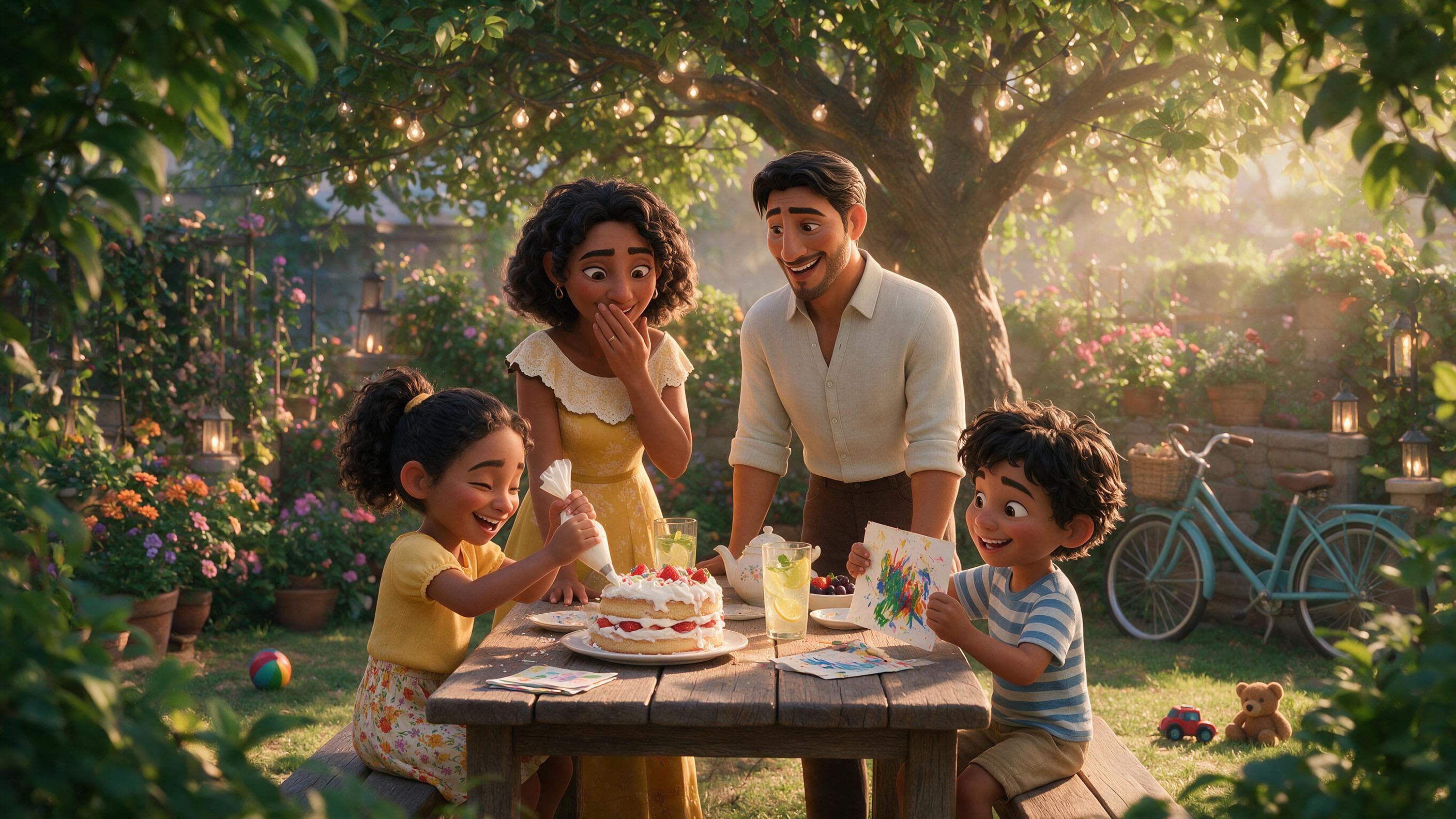 An animated family making a cake together in a garden