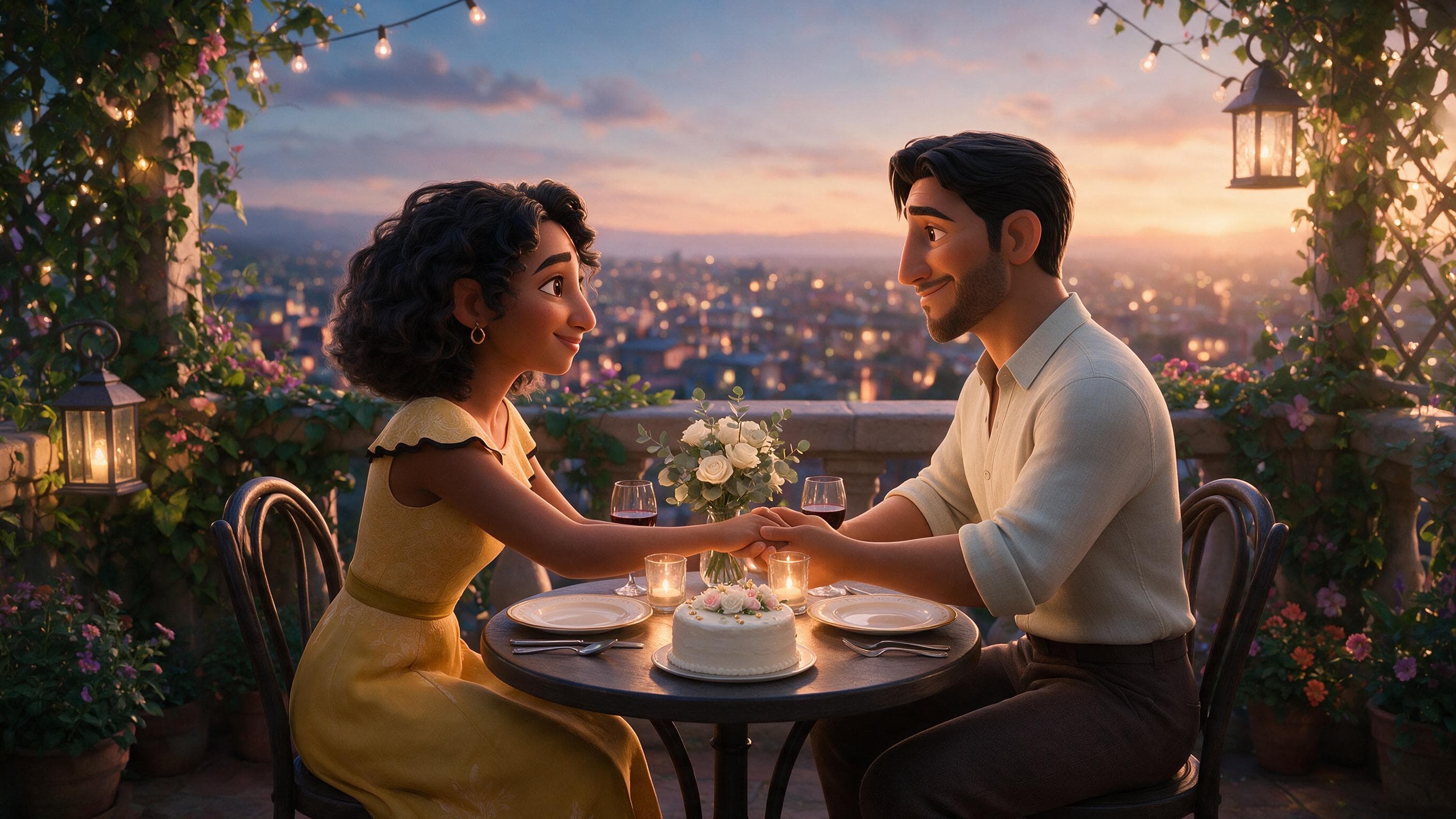 An animated couple celebrating an anniversary dinner