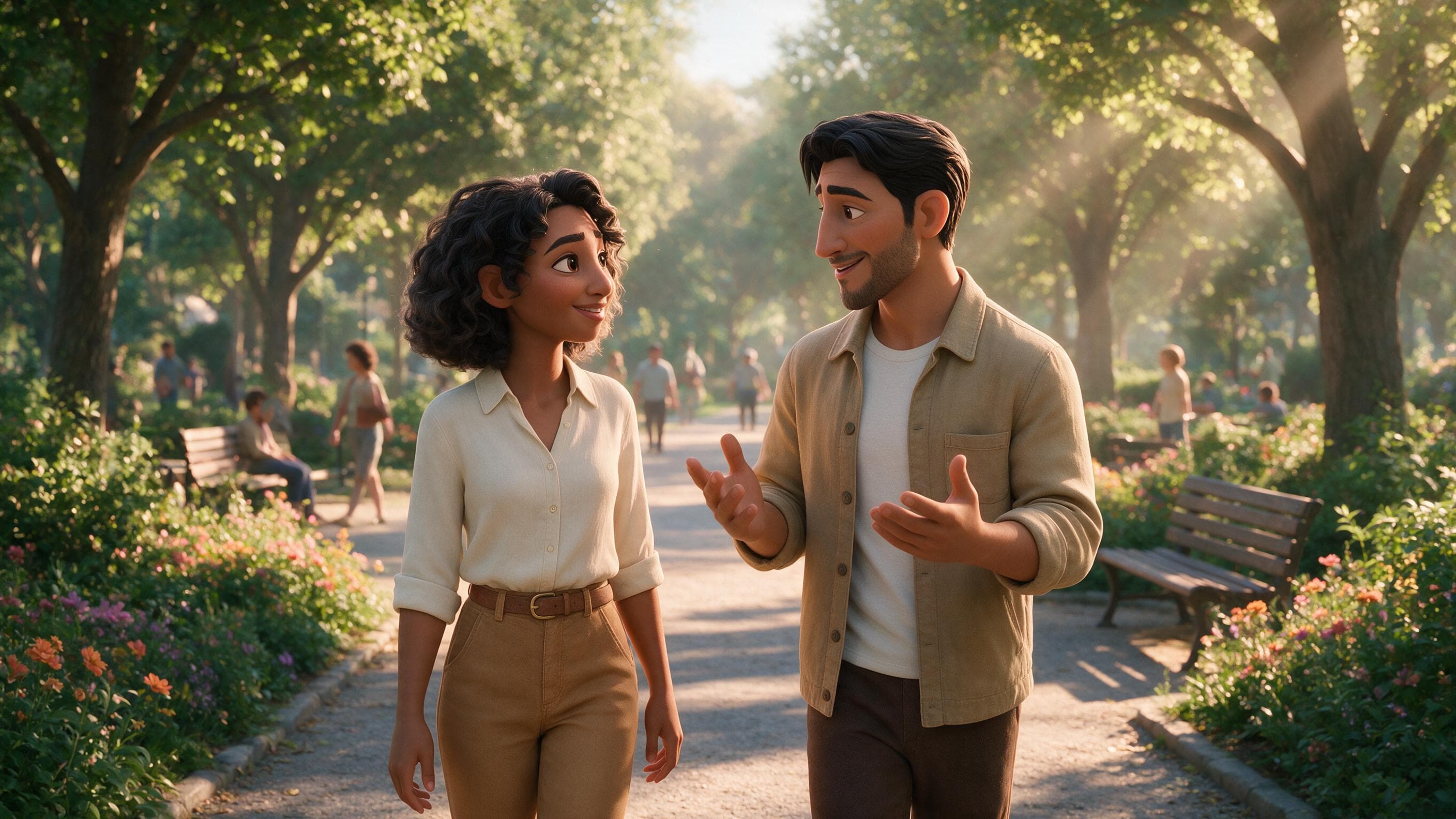 Animated couple walking beside the sea at golden hour